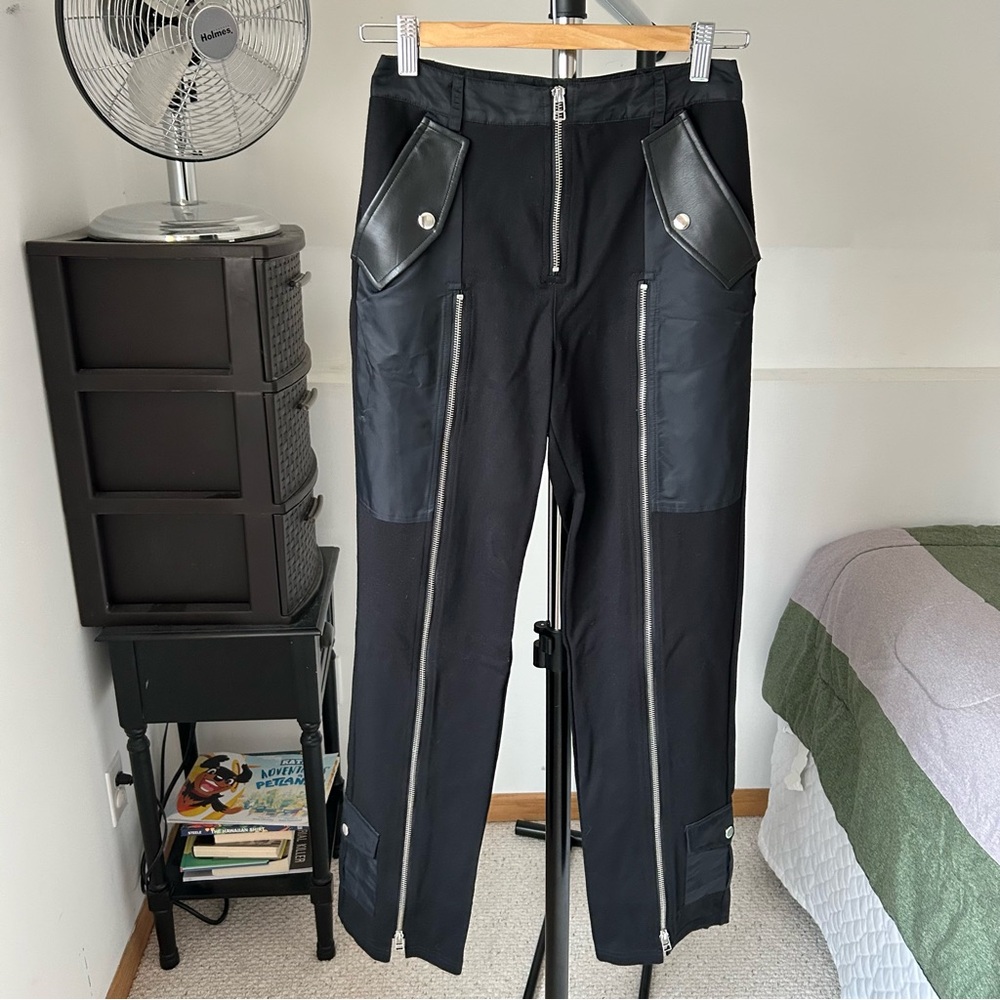 Staud Sesame Pants Black Leather Patch Zipper Pockets 4